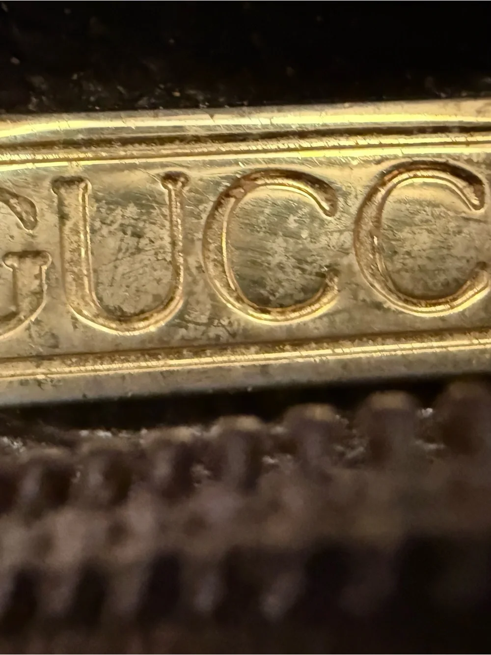 Gucci Gold-Tone Logo Plate on Dark Brown Leather